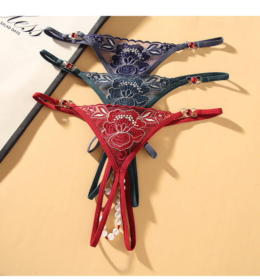 C) 7 pack Fashion Women Sexy Underwear Cutout Pendant Pearl Beads Embellished Lace Flower G-String Thong Underpants